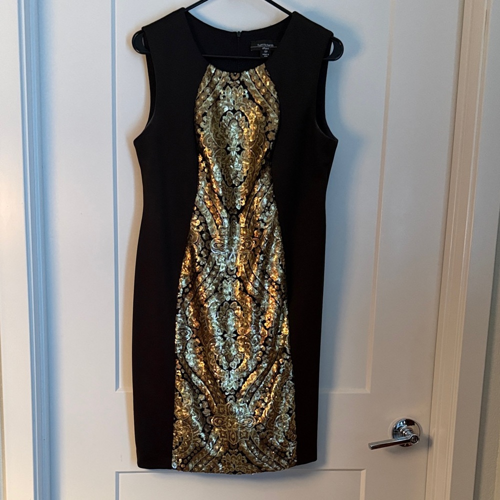 R & M Richards Black and Gold Sequin Midi Dress